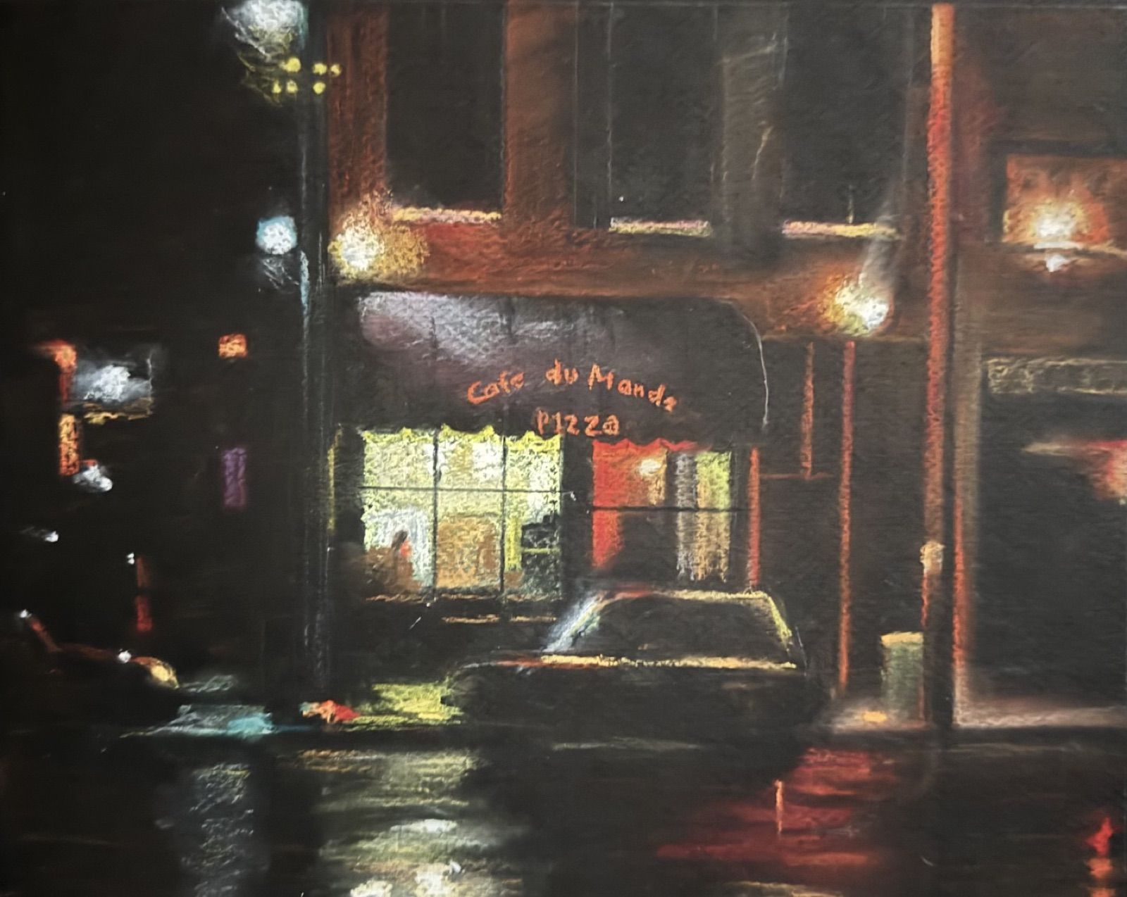 Painting of a city street at night