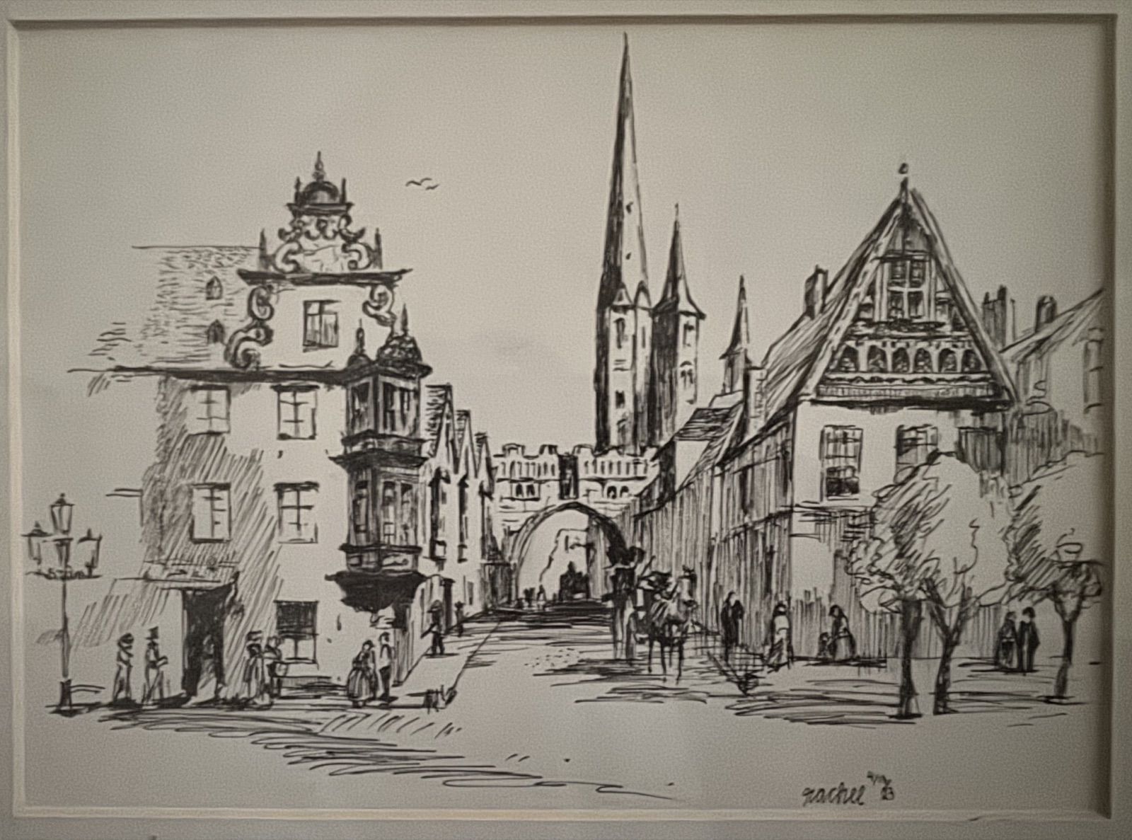 Pen drawing of a European town square