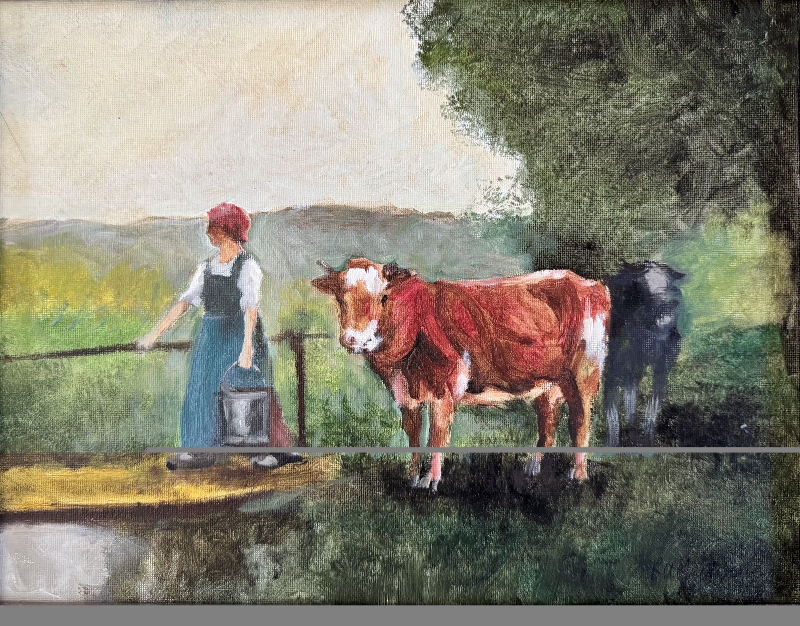 Painting of a farm girl with a cow