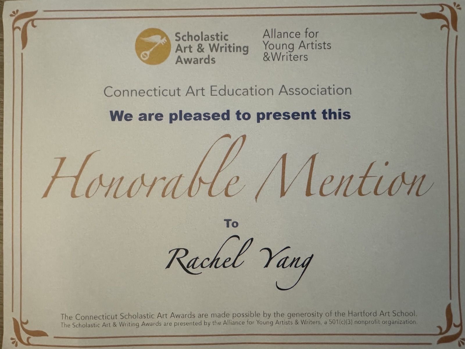 Honorable Mention certificate
