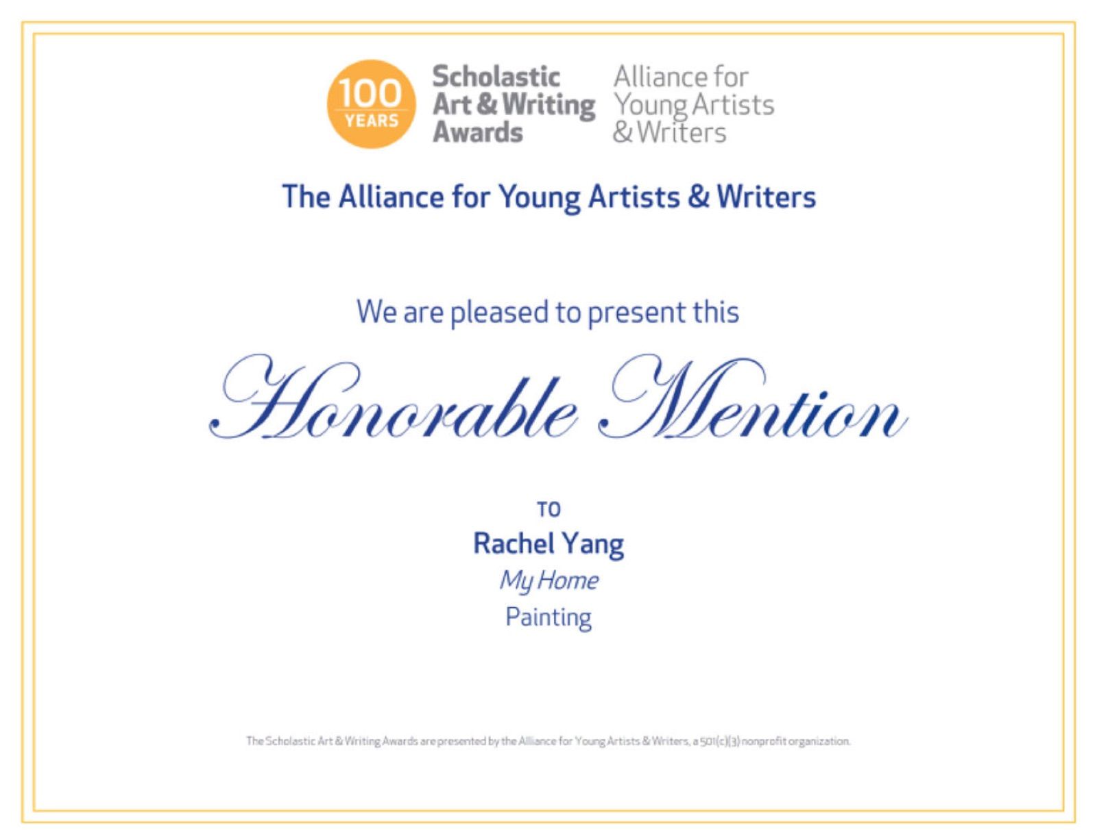 Honorable Mention certificate for “My Home”