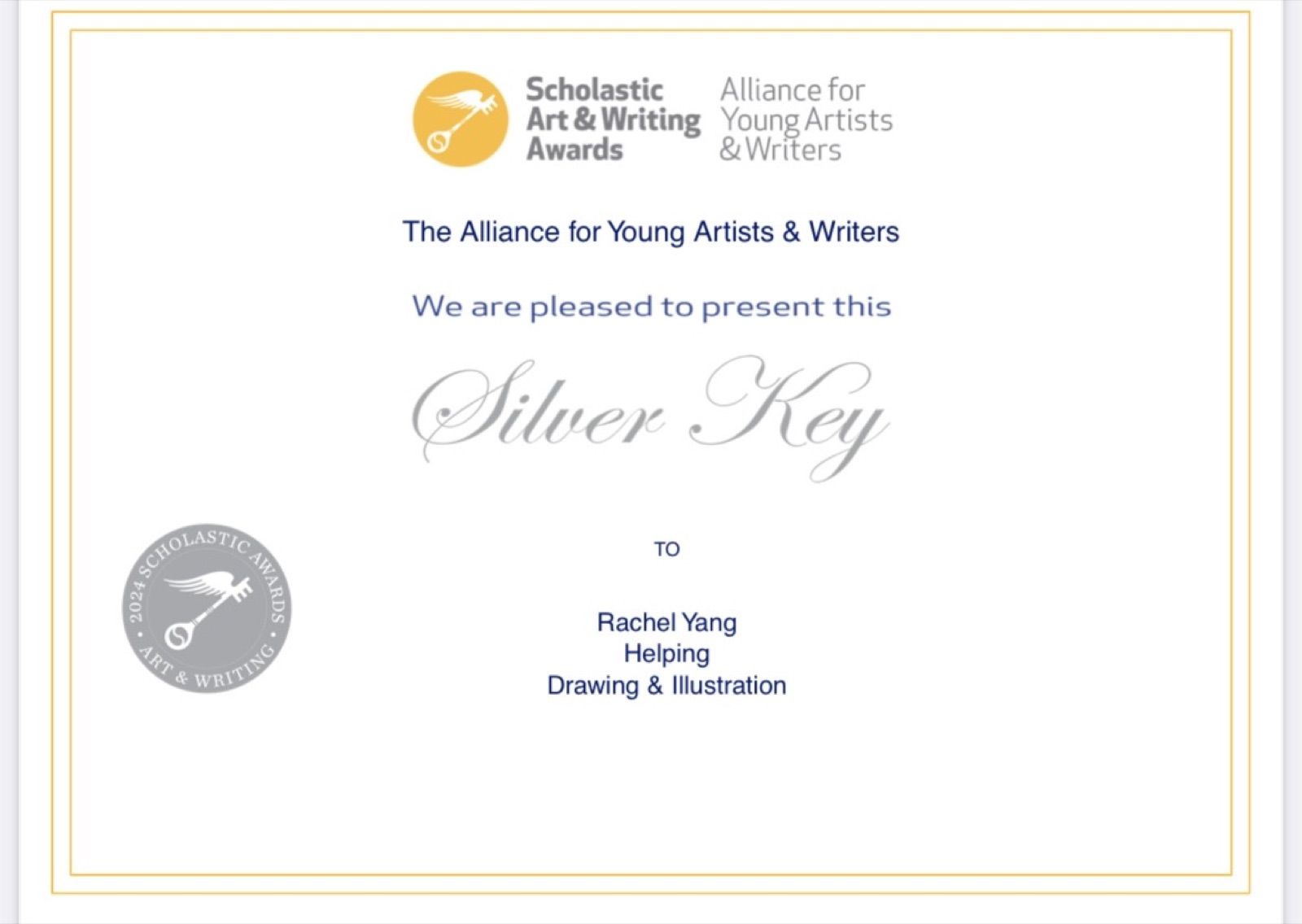 Silver Key certificate for “Helping”