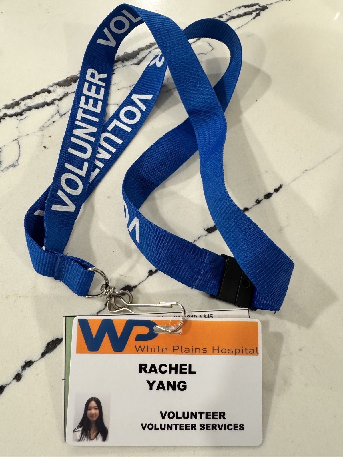 Rachel's White Plains Hospital volunteer badge